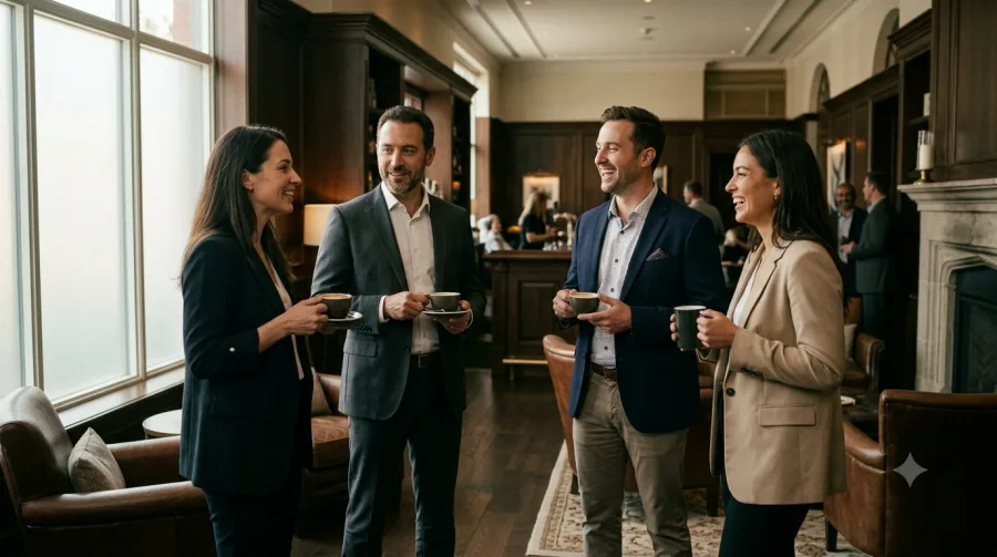 A small group of operating leaders in conversation over coffee
